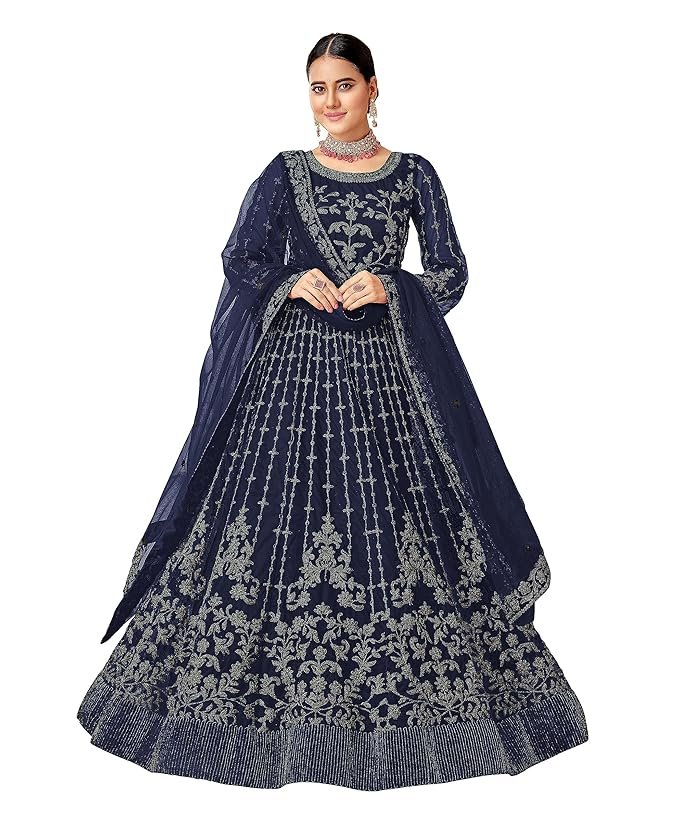 RUDRAPRAYAG Net And Santoon Embroidered Anarkali Gown For Women | Semi Stitched Gown For Women | Long Gown For Women 2023 | Gown With Dupatta For Women