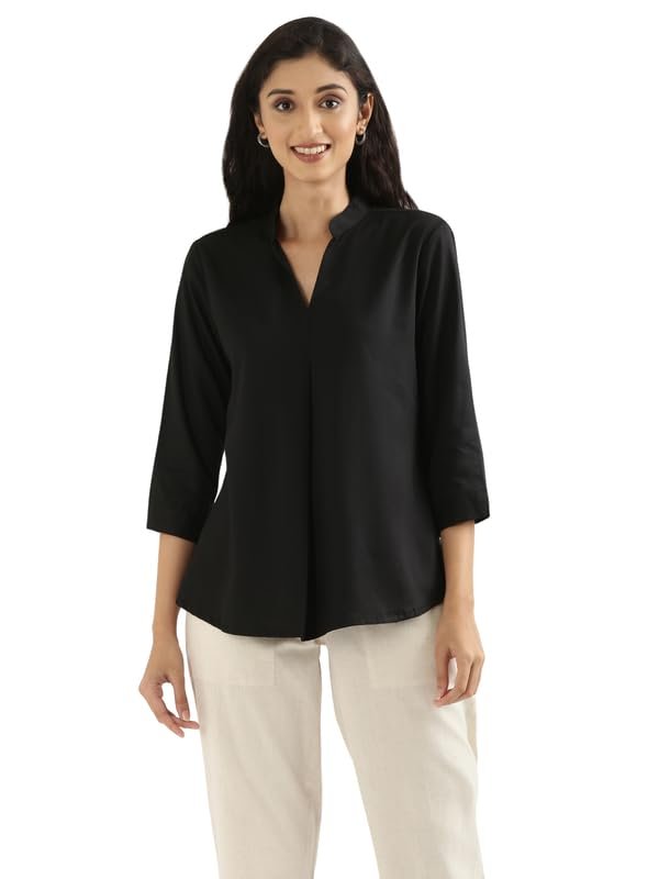 SAADAA Top for Women, Viscose Pleated Tops, V-Neck with a Collar, 3/4 Sleeve Length, Office & Casual Wear - 8+ Colors