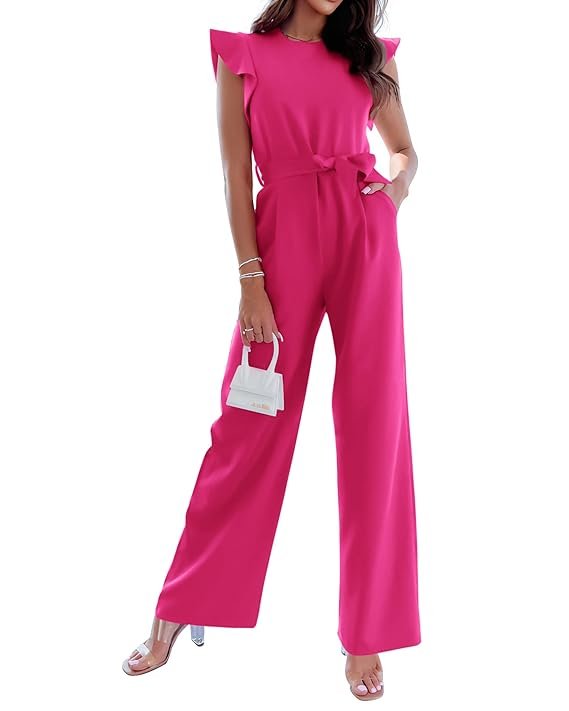 BTFBM Women Jumpsuits Crew Neck Ruffle Cap Sleeve Belted High Waist Wide Leg Romper with Pockets One Piece Casual Outfits, Solid Rose Red, Small