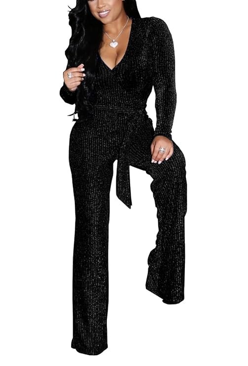 LightlyKiss Women V Neck High Split Long Sleeve Pant Jumpsuit Party Club Romper Dress