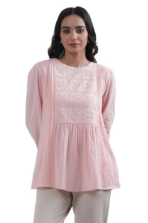 W for Woman Pink Solid Cotton A-Line Top